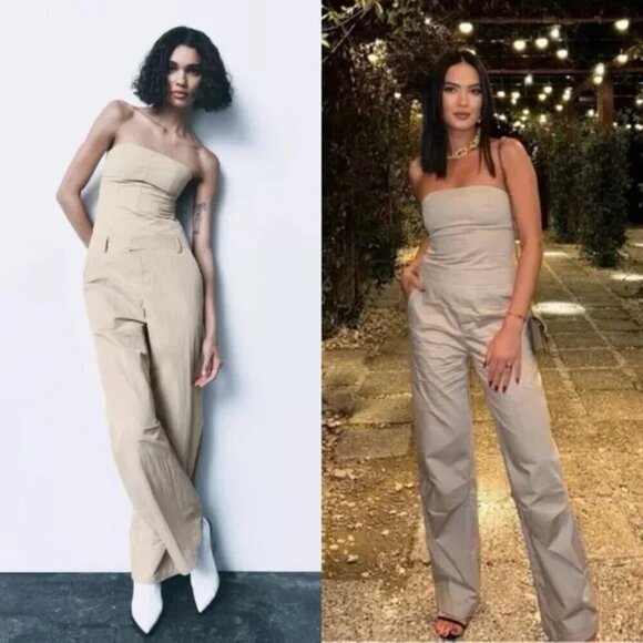 Zara Pants - New Zara Caro Long Strapless Nylon Beige/Khaki Jumpsuit NWT Small